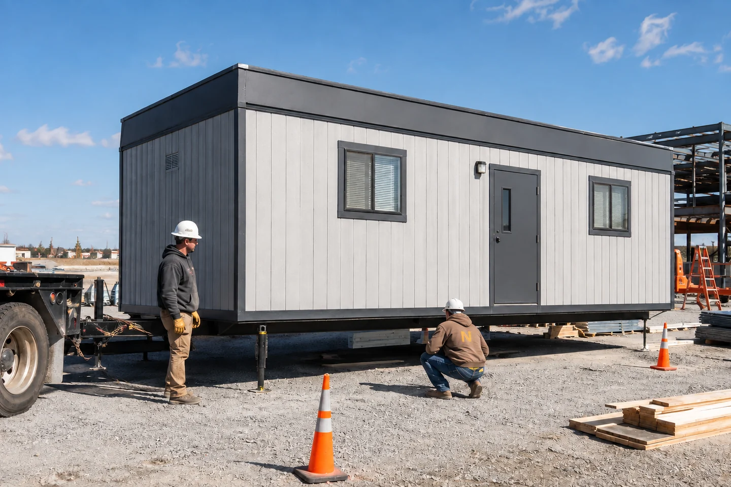 Mobile construction office trailer delivery and setup at an active commercial jobsite